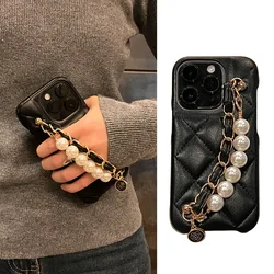 Fashion Pearl Metal Hand Chain Lattice Lambskin Pattern Case For iPhone 17 Air 16 15 14 13 Pro Max Plus Lady Leather Cover