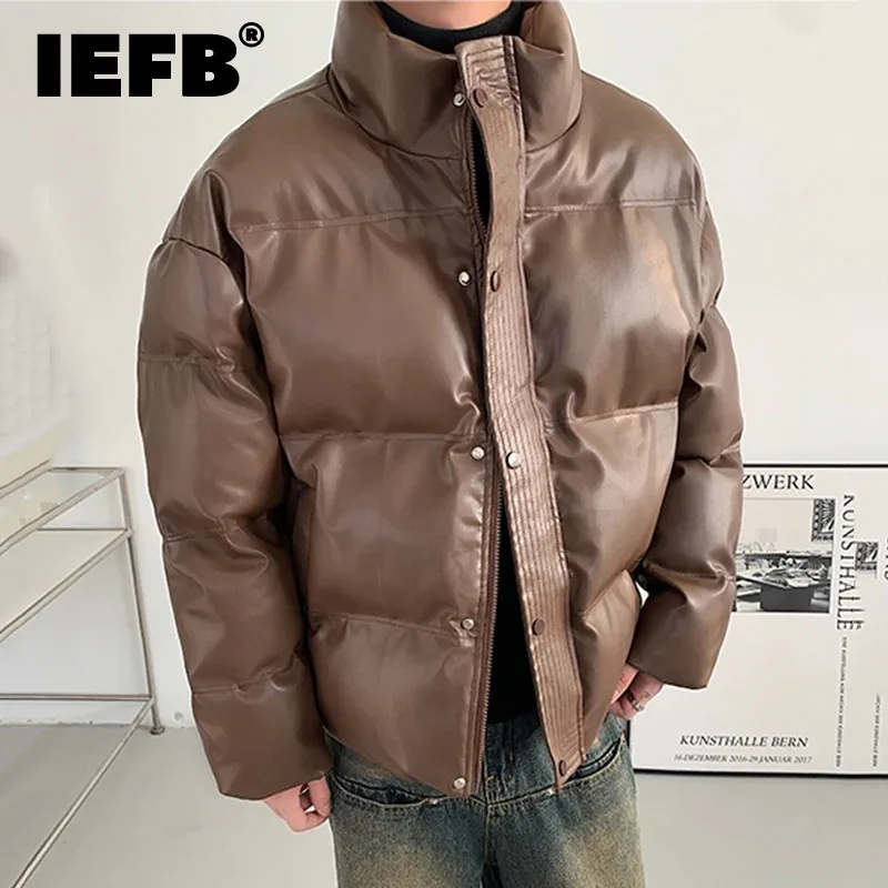 IEFB High Street Men's Padded Jacket Pu Leather Stand Collar Zipper Parkas Solid Color Casual Male Clothing New Stylish 9C8071