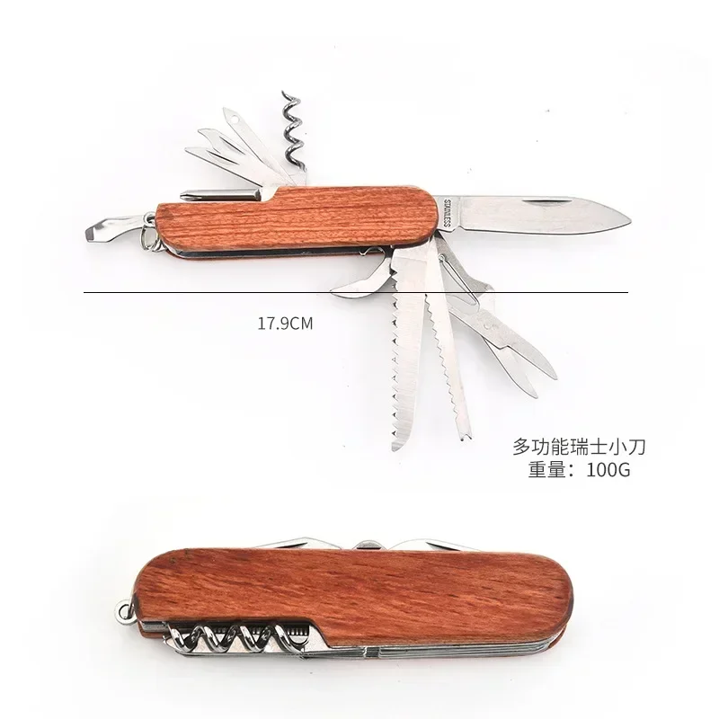 Newest Wooden Handle Swiss Knife 11 In 1 Portable Folding Army Knife EDC Multitool Survival Gadgets Camping Emergency Tools