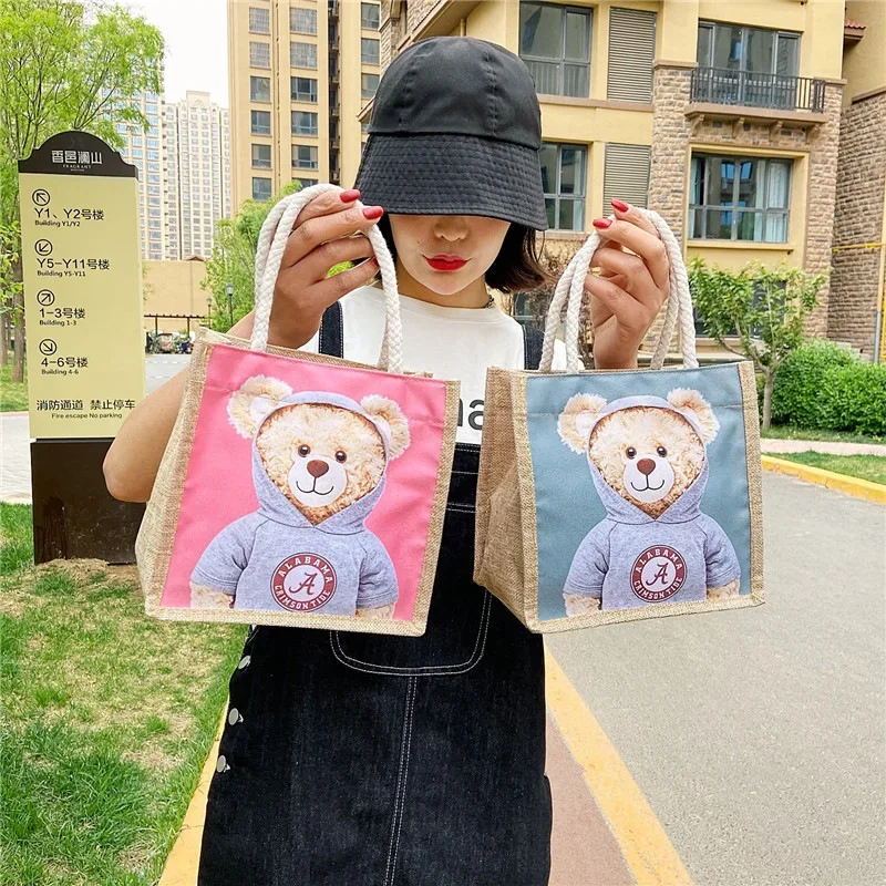 Portable Canvas Women Cute Bear Handbag Soft Plush Tote Simple Cloth Shopper Printing Bear Eco Shoulder Bag Purses for Girls