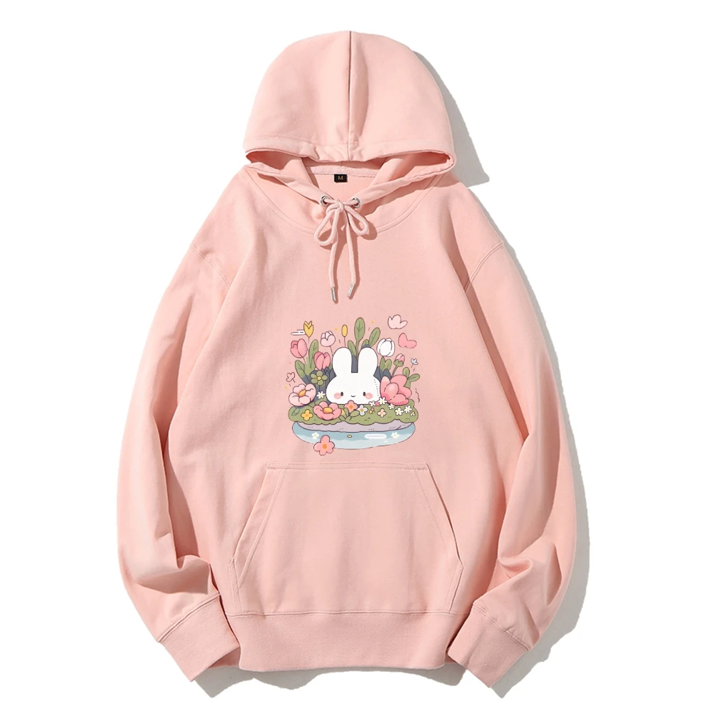 Graphic Hoodie Cute Bunny in Floral Basket Print Sweet Innocent Y2k Design Style Soft Fabric for Lovable Casual Looks