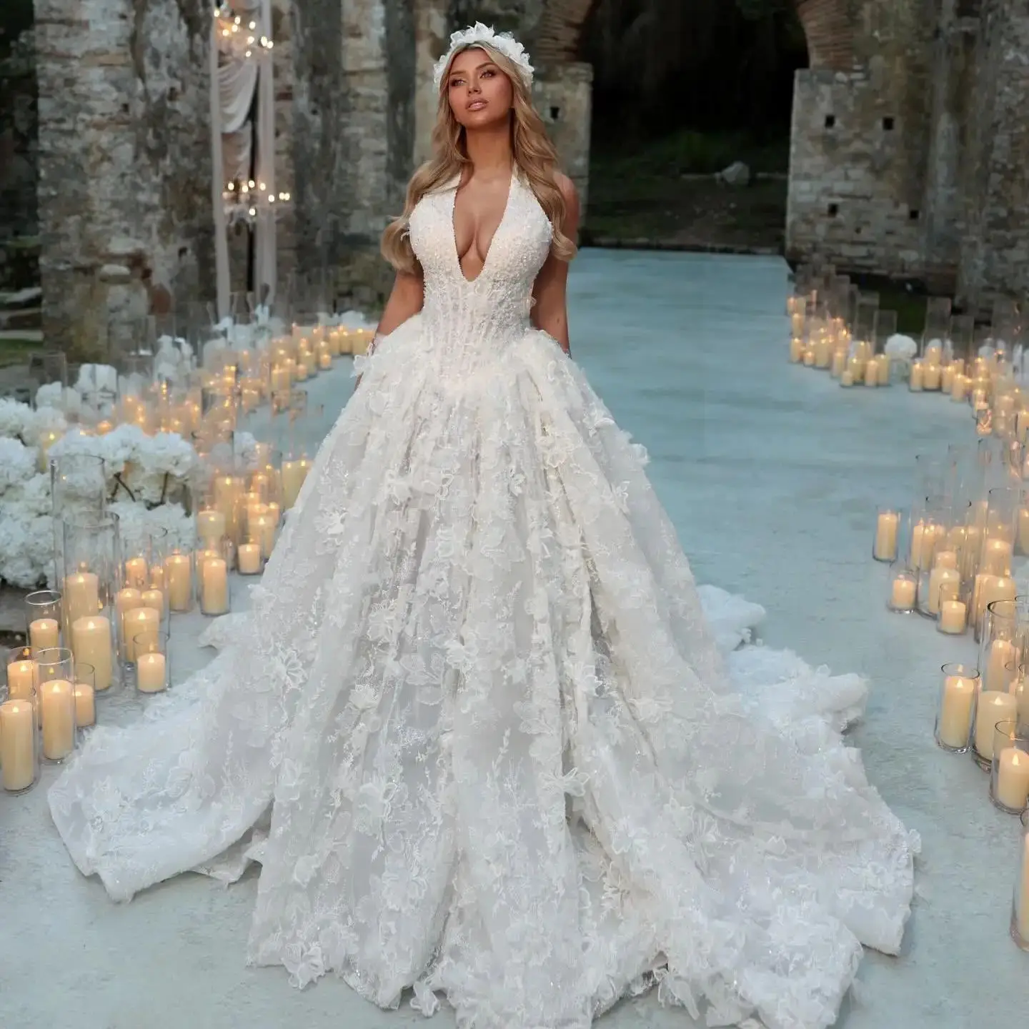 

Изысканное свадебное платье с 3D-цветами и бисером, глубоким V-образным вырезом, пышной юбкой и шлейфом, на заказ, Vestidos De Novia