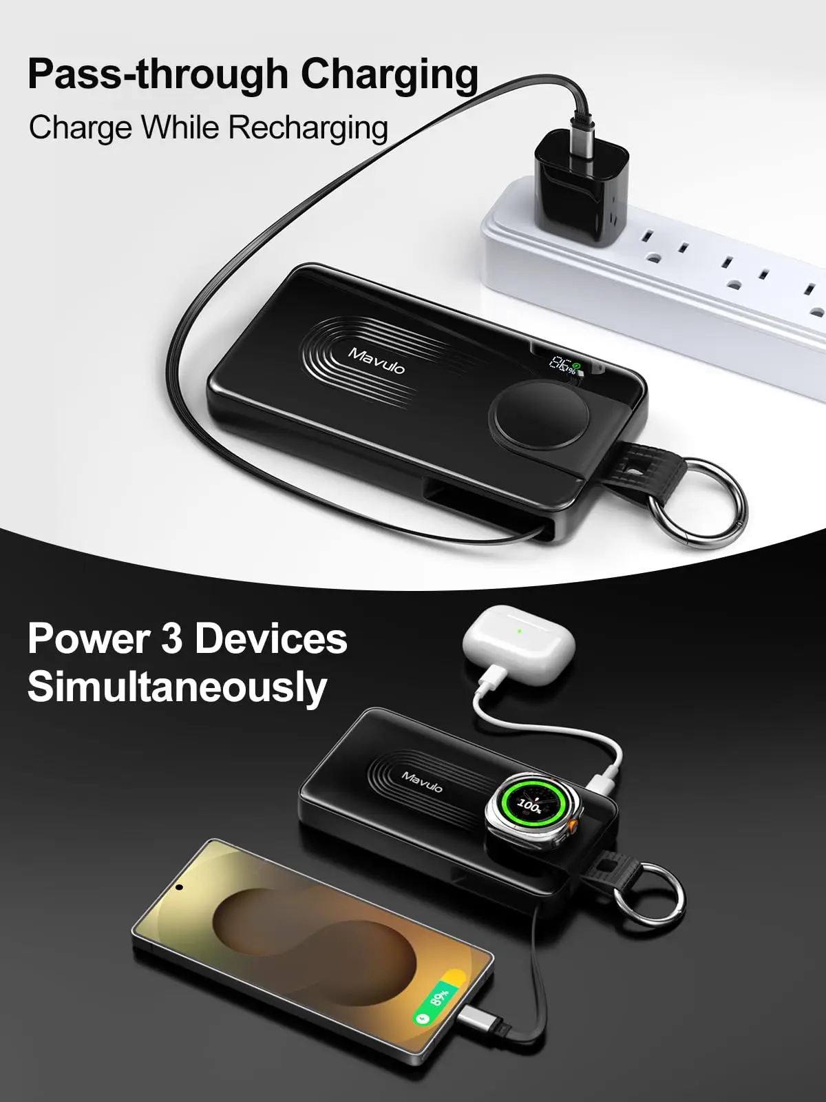 10000mAh Portable Charger for Samsung Galaxy Watch 6/6 Classic/5 Pro/4/3 Active 2/1 Power Bank 20W Fast Charging Retractable USB-C Cable Keychain Design LED display Travel Essentials Battery Pack for iPhone 15-17 Series view 5