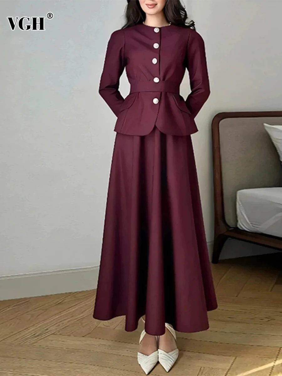 

VGH Elegant Two Piece Set For Women Round Neck Long Sleeve Jackets High Waist A Line Skirt Temperament Soild Set Female Fashion