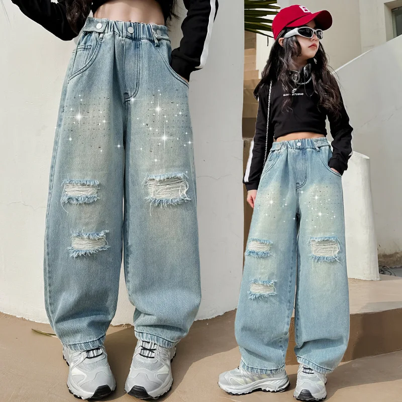 Teenager Girls' Ripped Broken Jeans 2024 New Kids Foreign Style Loose Casual Wide-leg Pants Children Spring and Autumn