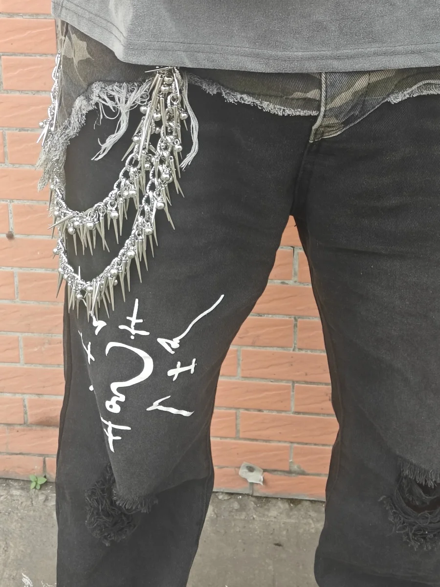 Original Y2K Heavy Metal Punk Doppel-schicht Niet Biker Hosen Kette Männliche Frau Mode Rock Und Roll Luxus Zubehör – Detail 2