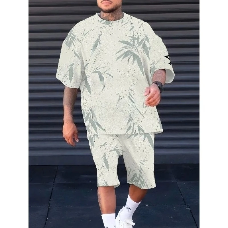 2025 Summer New Men's Sportswear 3D Printed Casual Daily Sports Round Neck Polyester Fiber Short Sleeve Shorts Two Piece Set