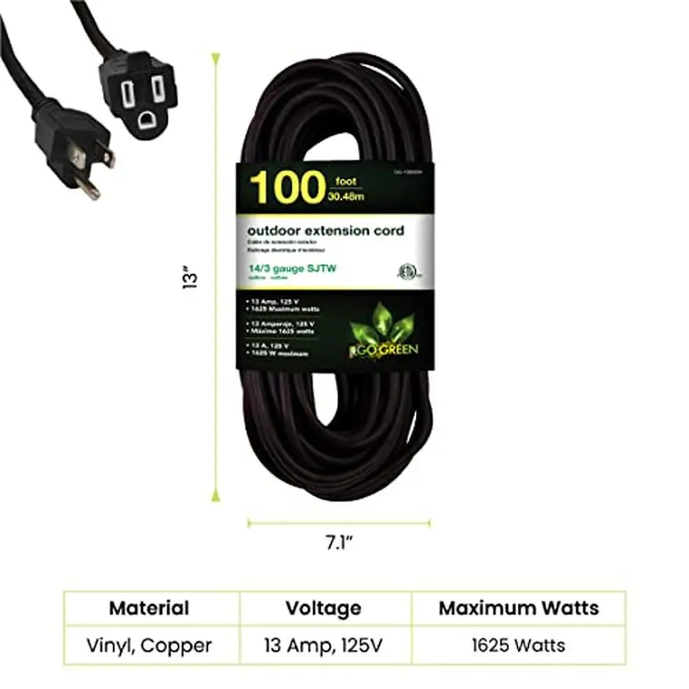 100 Ft Outdoor Extension Cord 2 Pack Moisture Resistant SJTW Cable Black 14/3 Contractor Grade Heavy Duty Voltage 125V 15A Amps