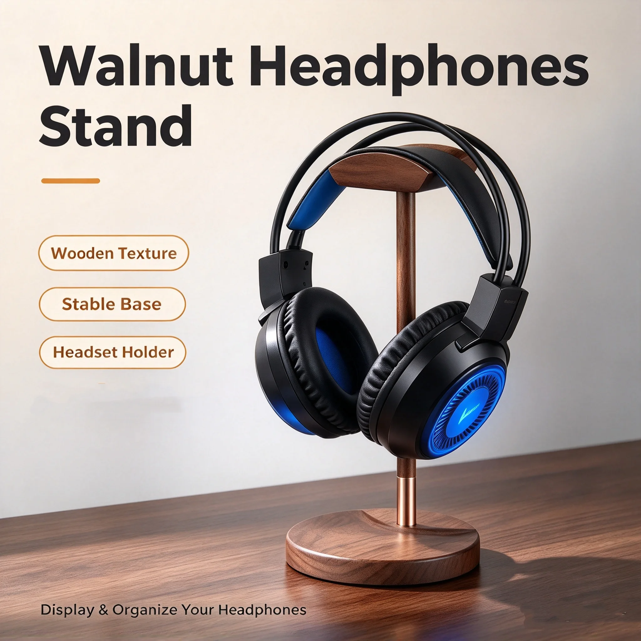 Solid Wooden Headphones Stand Walnut Wood Gaming Music Headset Holder Bracket Desktop Display Shelf with Stable Base Space Save