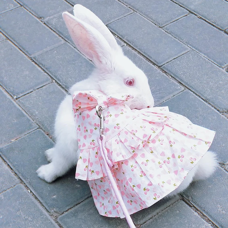 Cute Floral Dress with Leash for Rabbits Summer Pet Clothes Adjustable Bunny Harness Set Soft Cotton Rabbit Slip Dresses