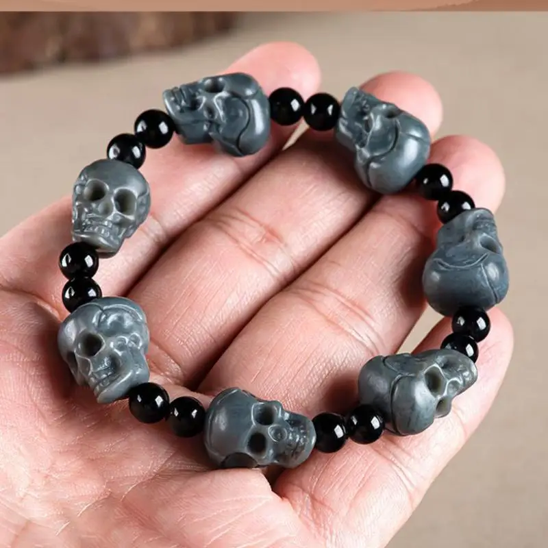 Natural Jade Skull Bracelet Certified Jewelry Men Women Healing Gemstone Genuine Chinese Hetian Jade Skeleton Bracelets Bangles