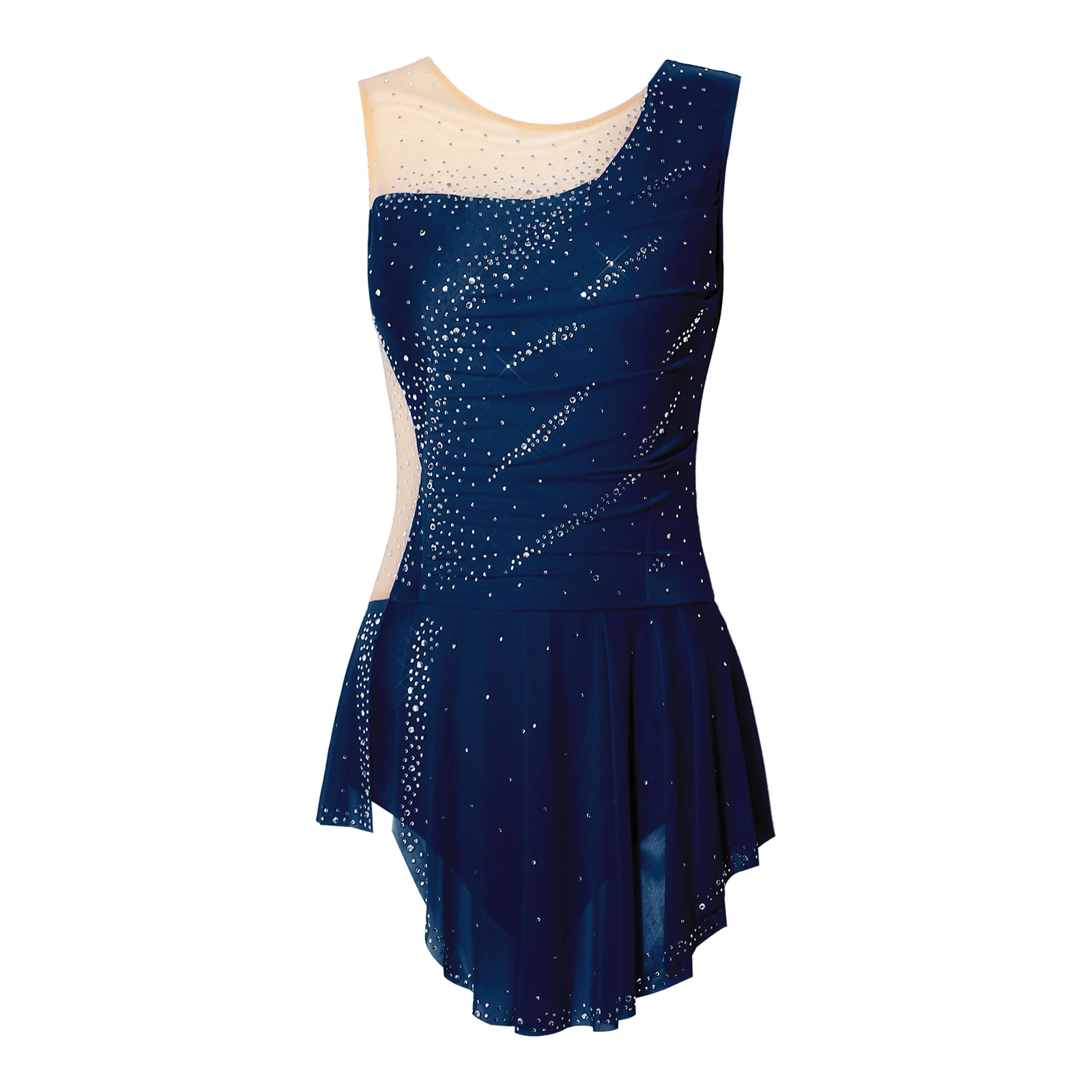 Damen-Rhythmische-Gymnastik-Trikots, Eiskunstlauf-, Ballett- und Lyrischer-Tanz-Kostüm, Kleid mit Strasssteinen, Raffungen, Netzstoff-Patchwork und Seitenschlitz – Detail 11
