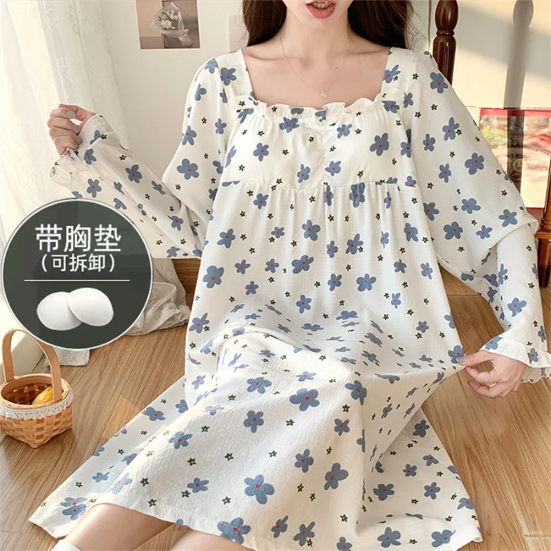 Chest Pad Nightdress Women Long Sleeve Nightwear Dress Sweet Ladie\'s Autumn Nightgowns Large Size Casual Home Clothes M-4XL