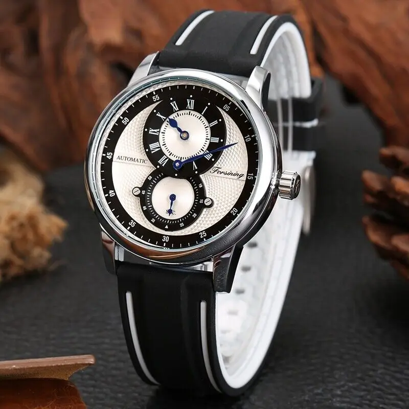 Men Forsining Watch Skeleton Automatic Mechanical Wristwatch Sport Rubber Strap Мужские автоматические часы