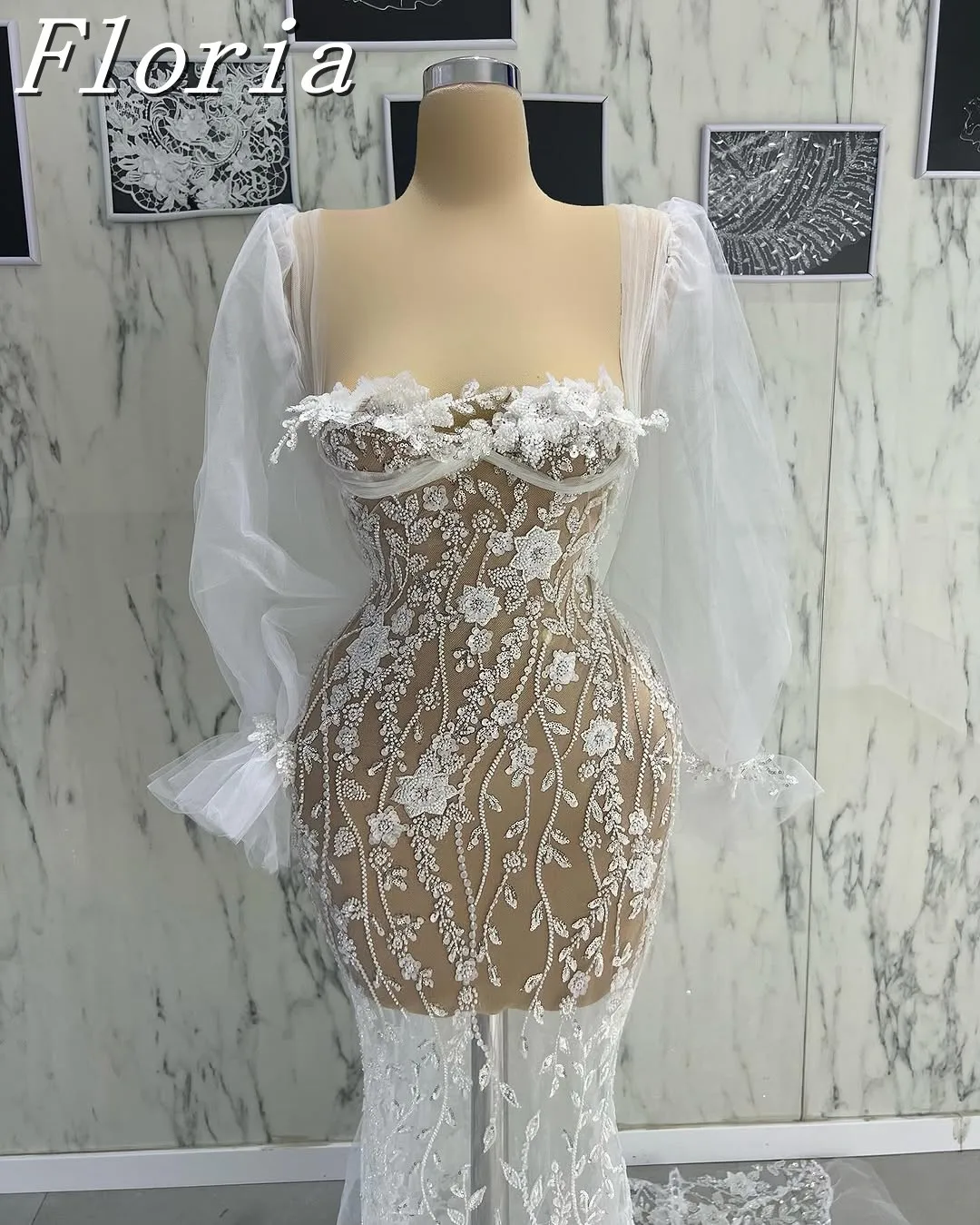 

Lace Mermaid Wedding Dresses Long Sleeves Sequins Beaded Formal Bridal Dress With Large Detachable Train Vestina De Novia
