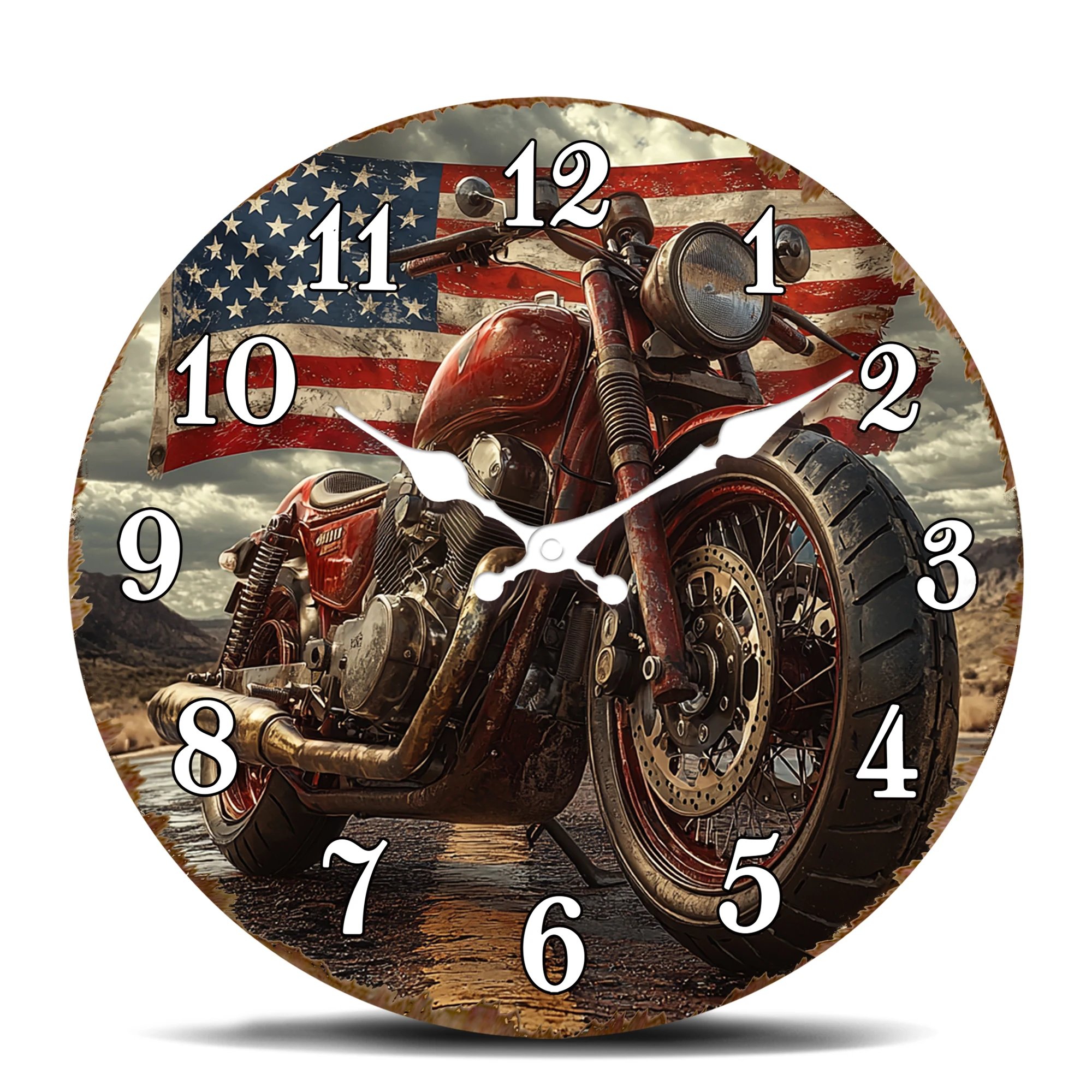 Vintage-Motorrad-Wanduhr mit amerikanischer Flagge, runder Uhr im Retro-Fahrrad-Design, rustikale Garage, dekorative Uhr mit Distressed M