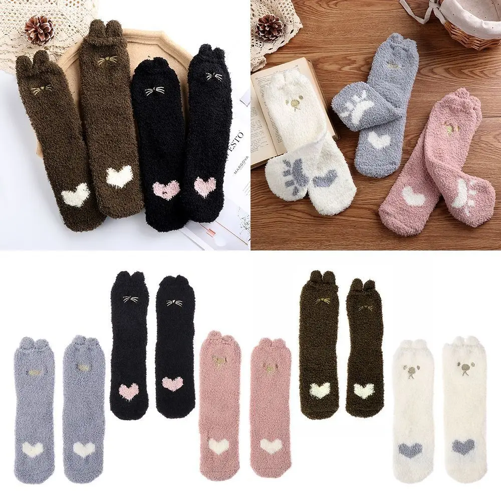 Warm Cartoon Cat Fuzzy Socks Cotton Thicken Kawaii Socks Winter Middle Tube Socks Women