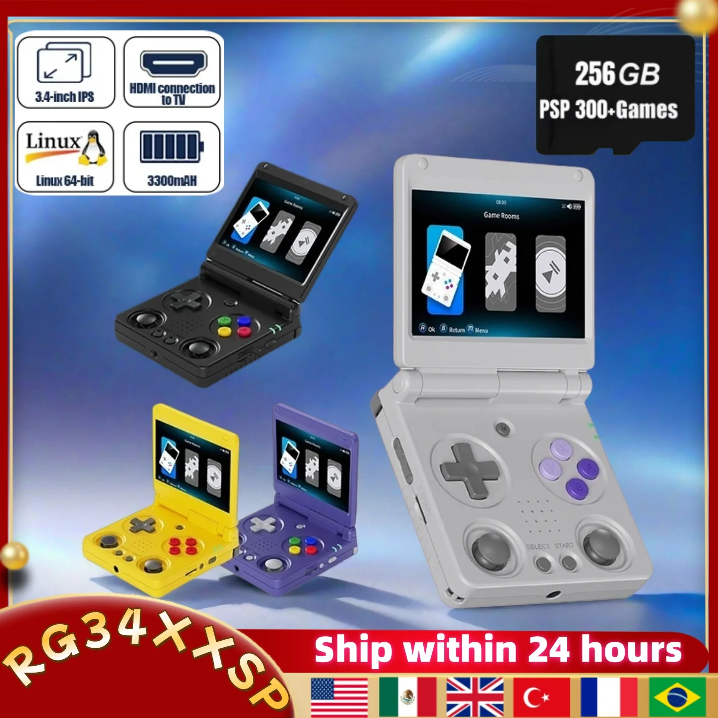 

Anbernic RG34XXSP Flip Handheld Game Console 3.4inch IPS Screen Linux 64-bit WIFI Collapsible Retro Video Gaming Player PSP 256G