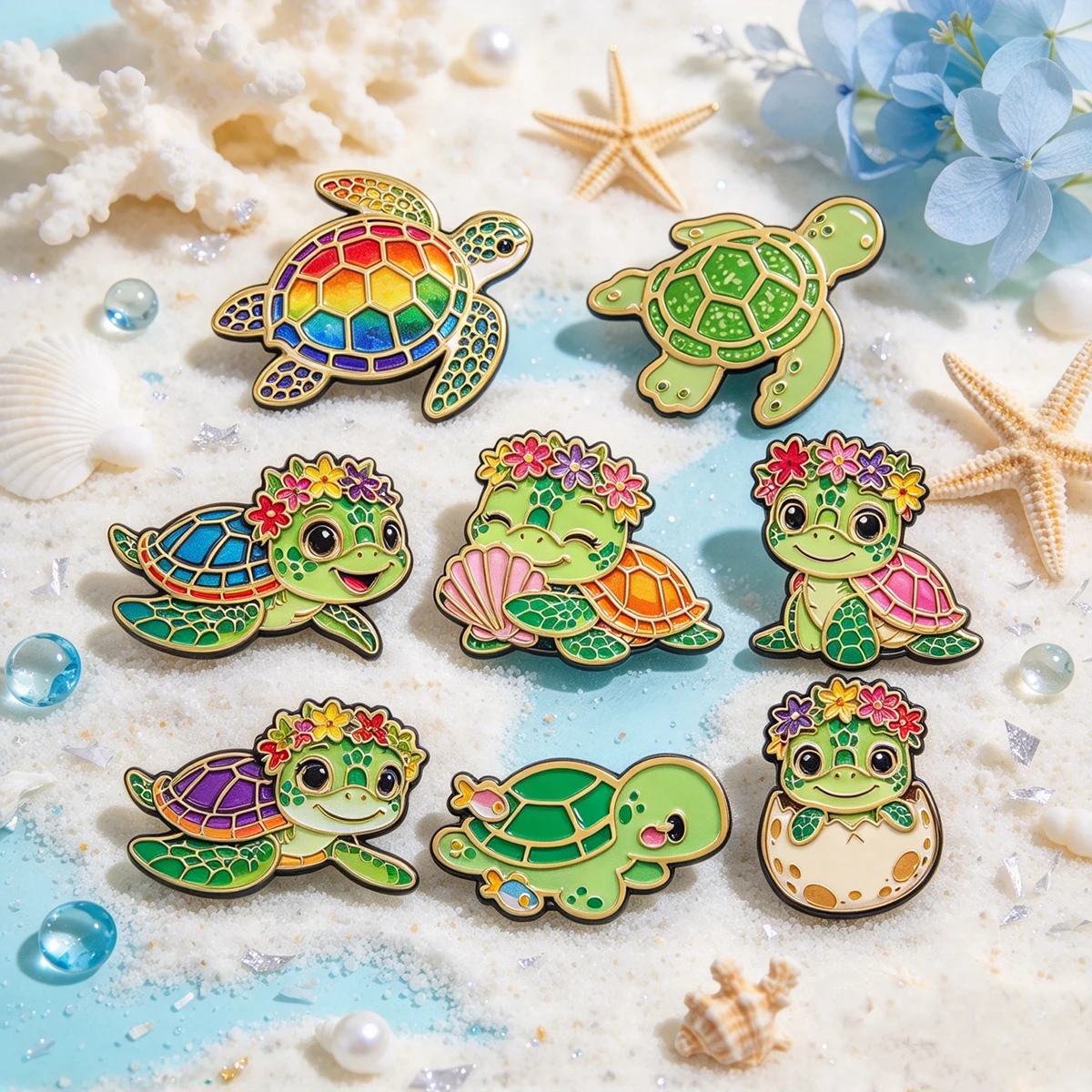 8 Stück/Set Blumen-Schildkröten-Emaille-Anstecknadeln, niedliche Meerestier-Broschen, Anstecknadeln, Abzeichen für Rucksack, Kostümzubehör, Schmuck, Geschenke – Detail 2