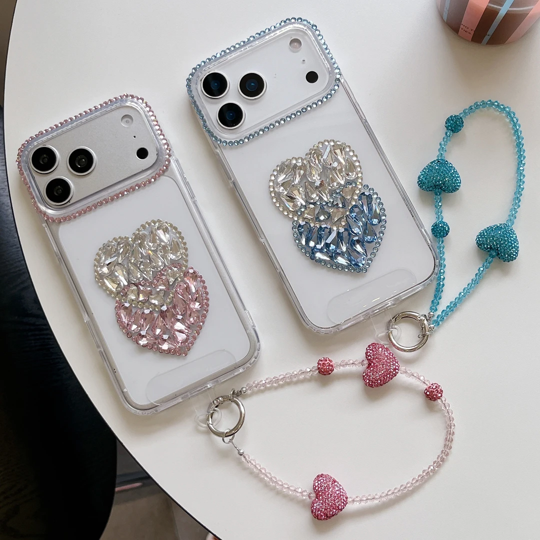 

Luxury Sparkling Diamond Double Love Heart Case For iPhone 13 14 15 16 17 Pro Max Glitter Phone Cover With Chain Bracelet
