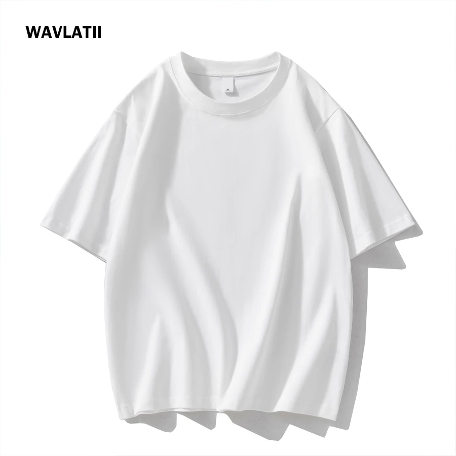 Wavlatii-ユニセックスのプレーンブラックベーシックトップス,100% コットン,厚手のTシャツ,カジュアルな特大Tシャツ,280 gsm,白,wt2477,新品