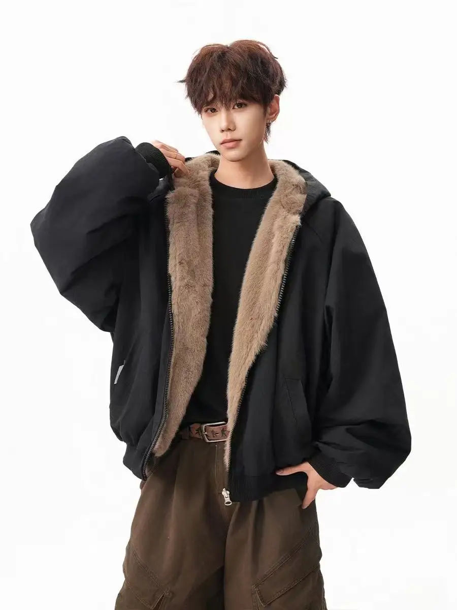 

Men's Fashion High-end Long Sleeve Jacket Cotton Clothes Men's 2025 Winter New Velvet Thickened Double-sided Fur Integrated Coat