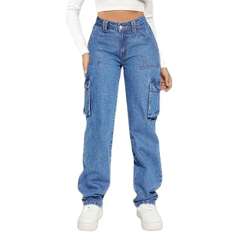 Women Multi-pockets Splice Straight Jeans American Vintage Casual Commuter Mid Waist Denim Pants Trousers Female Streetwear 2024