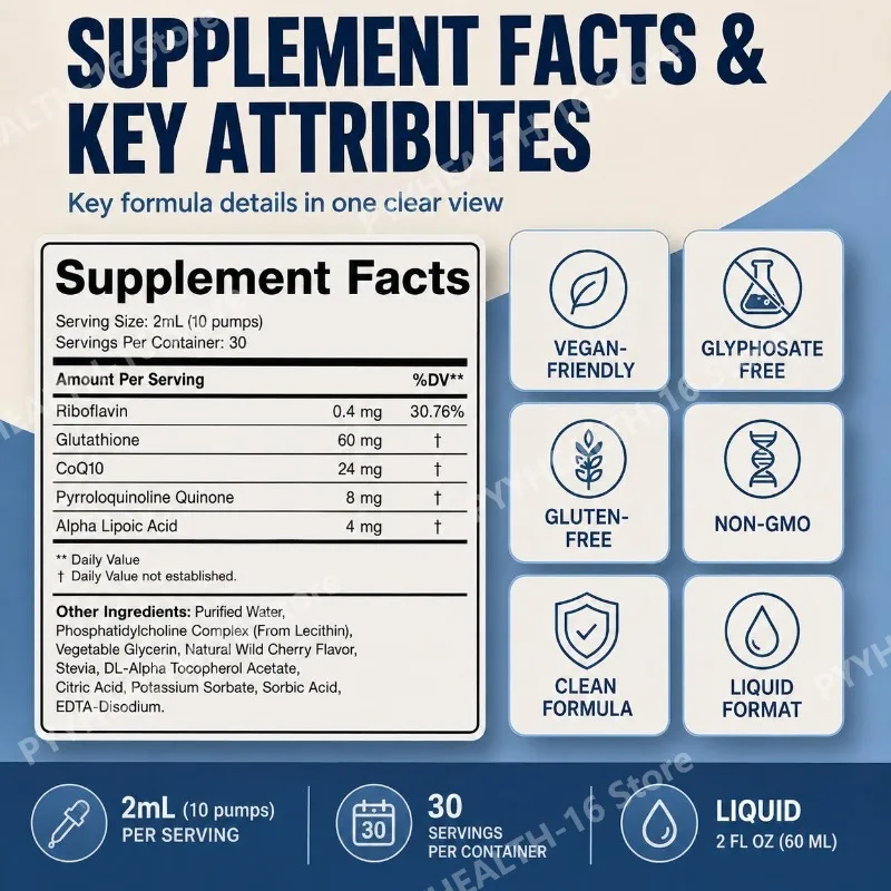 Liposomal Glutathione Liquid CoQ10 PQQ & Alpha Lipoic Acid, Daily Antioxidant and Cellular Energy Support 60 ML 30 Servings