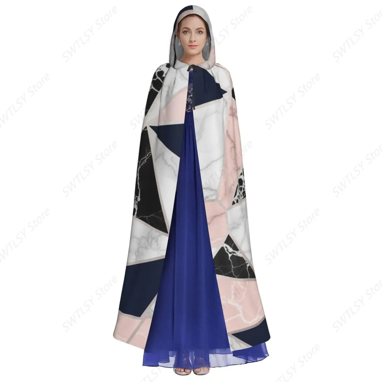 Women Men Hooded Cloak Cape Compatible with 80S Pink Rose Gold White Blue Geometric Marble Pattern for Halloween Christmas