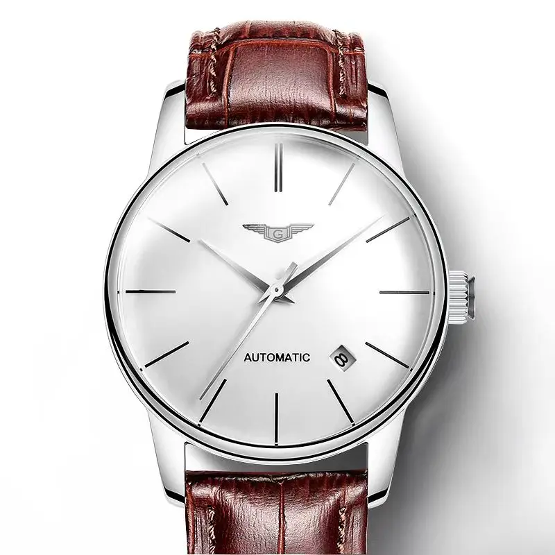 ساعة Guanqin الأصلية للرجال ساعة ميكانيكية أوتوماتيكية بالكامل حزام جلد طبيعي للرجال من أفضل العلامات التجارية رفيعة للغاية مقاومة للماء