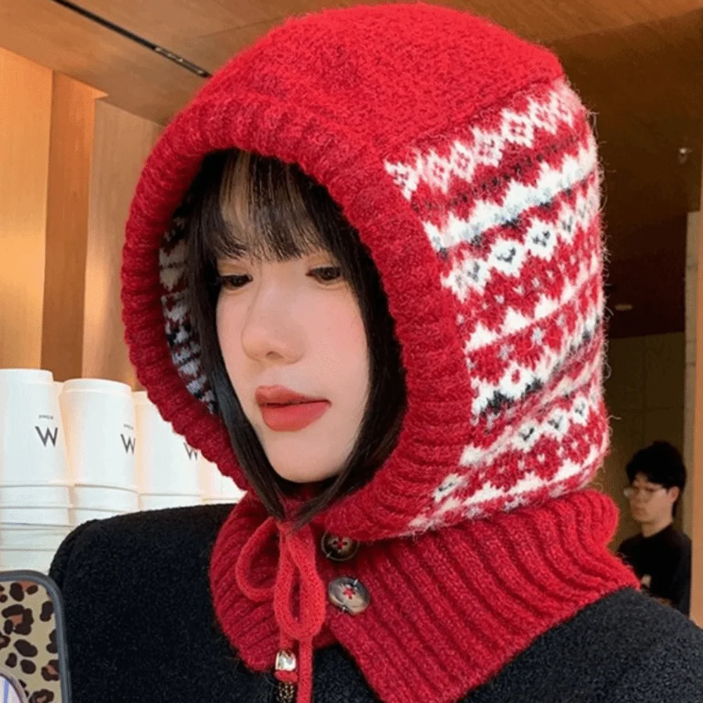 

Creative Pullover Hat Jacquard Balaclava Hat Red Beanie Ear Protection Hat Thickened Printed Winter Cap Female/Girls