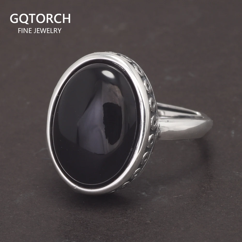 

Vintage 925 Sterling Silver Rings Black Stone for Men and Women Oval Natural Agate Opening Type Fine Jewelry