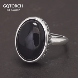 Vintage 925 Sterling Silver Rings Black Stone for Men and Women Oval Natural Agate Opening Type Fine Jewelry