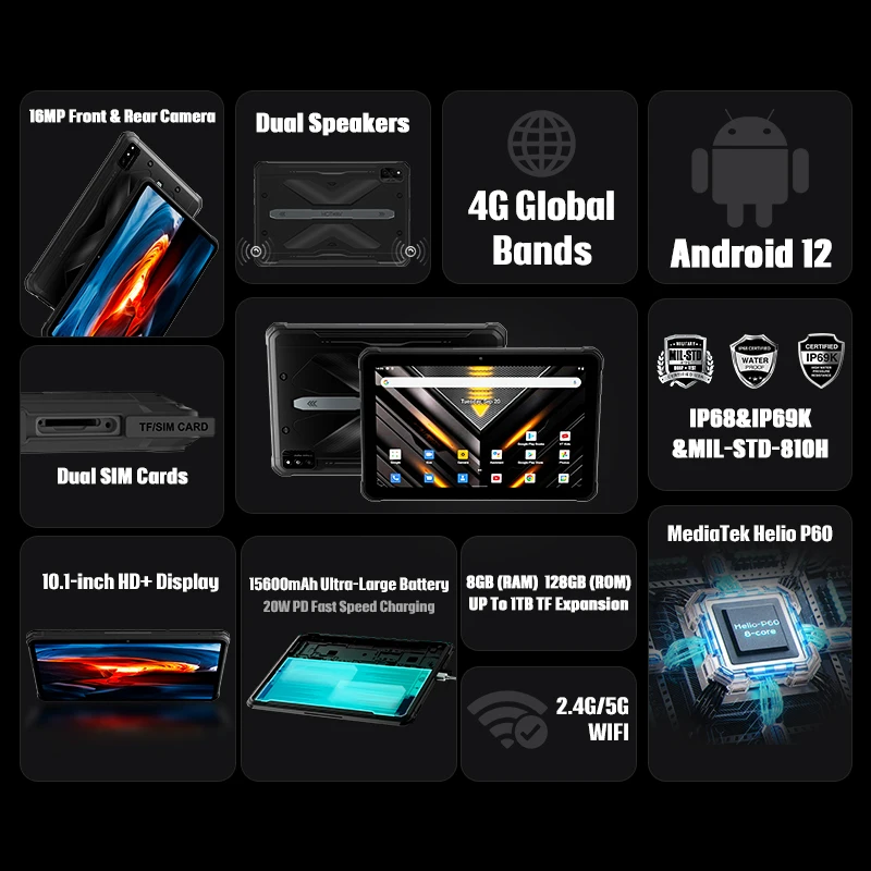 HOTWAV R6 Pro Tablet robusto 15600mAh Android 12 10.1 pollici HD + Pad 8GB 128GB Octa Core 16MP fotocamera Dual SIM Glove Mode Tablet PC