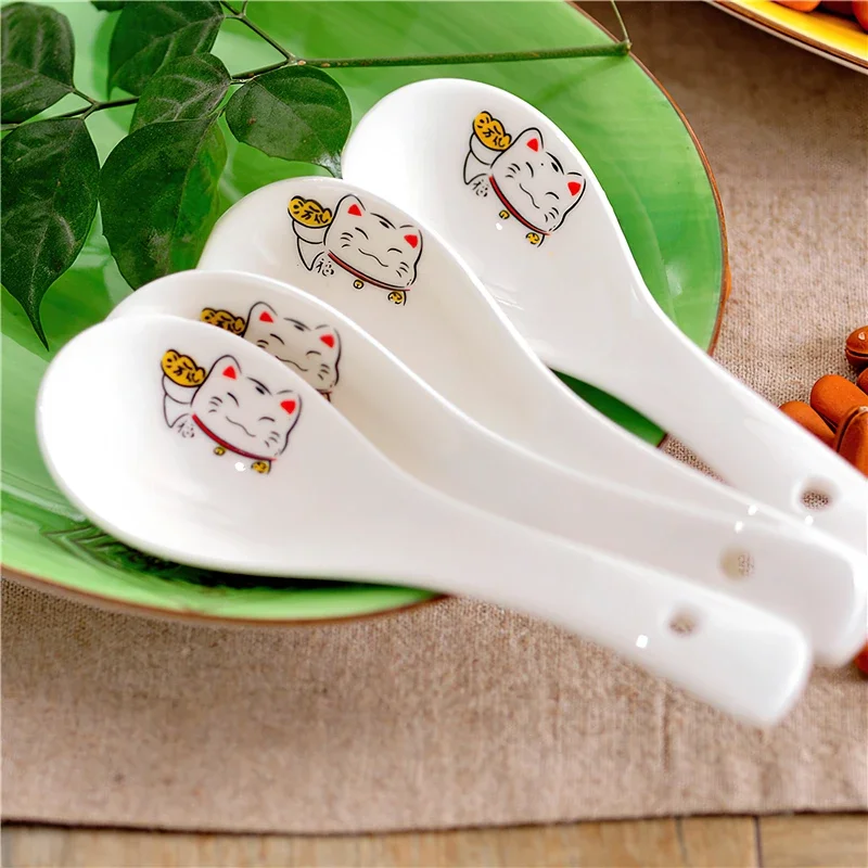 Ceramic Soup Spoon 14cm Japanese White Lucky Cat Bone China Dinnerware Restaurant Household Kitchen Supplies Tableware