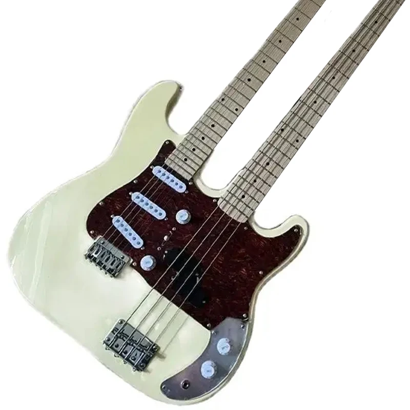 New Double Head Double Neck Electric Guitar Electric Bass Cream White One Piece