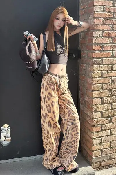 

Y2K Low Waist Leopard Print Washed Jeans for Women 2024 Summer Thin Loose Fit Streetwear Vintage Aesthetic Flare Denim Pants