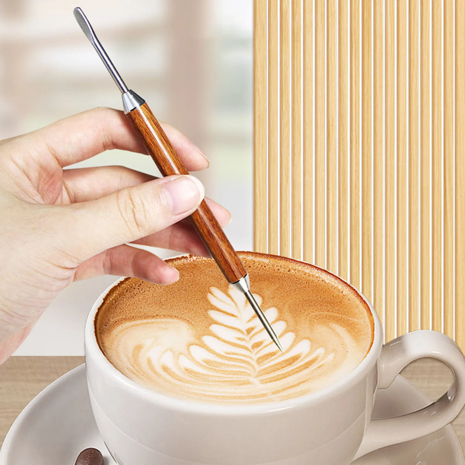 Professional Latte Art Needle Pear Wood Handle Coffee Etching Tool for Milk Foam Drawing Espresso Cup Decoration