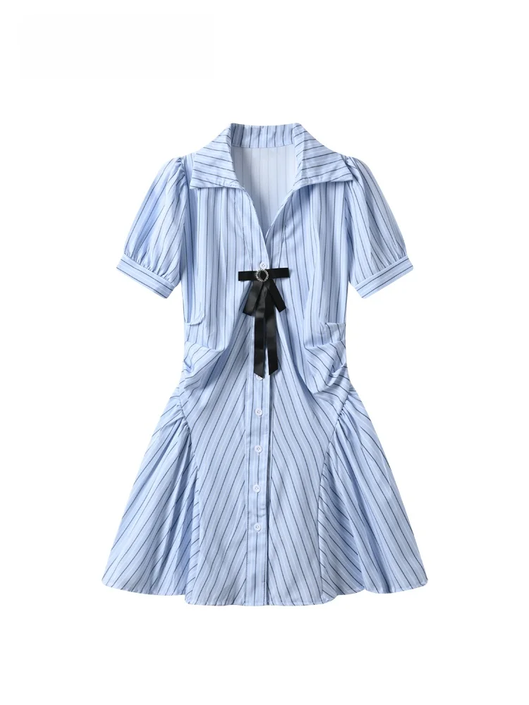 

Summer New plus Size Women's Dress CaraCLUB Large Size Shoulder Short Sleeve Collar Stripe Dress Versatile High Waist A-...