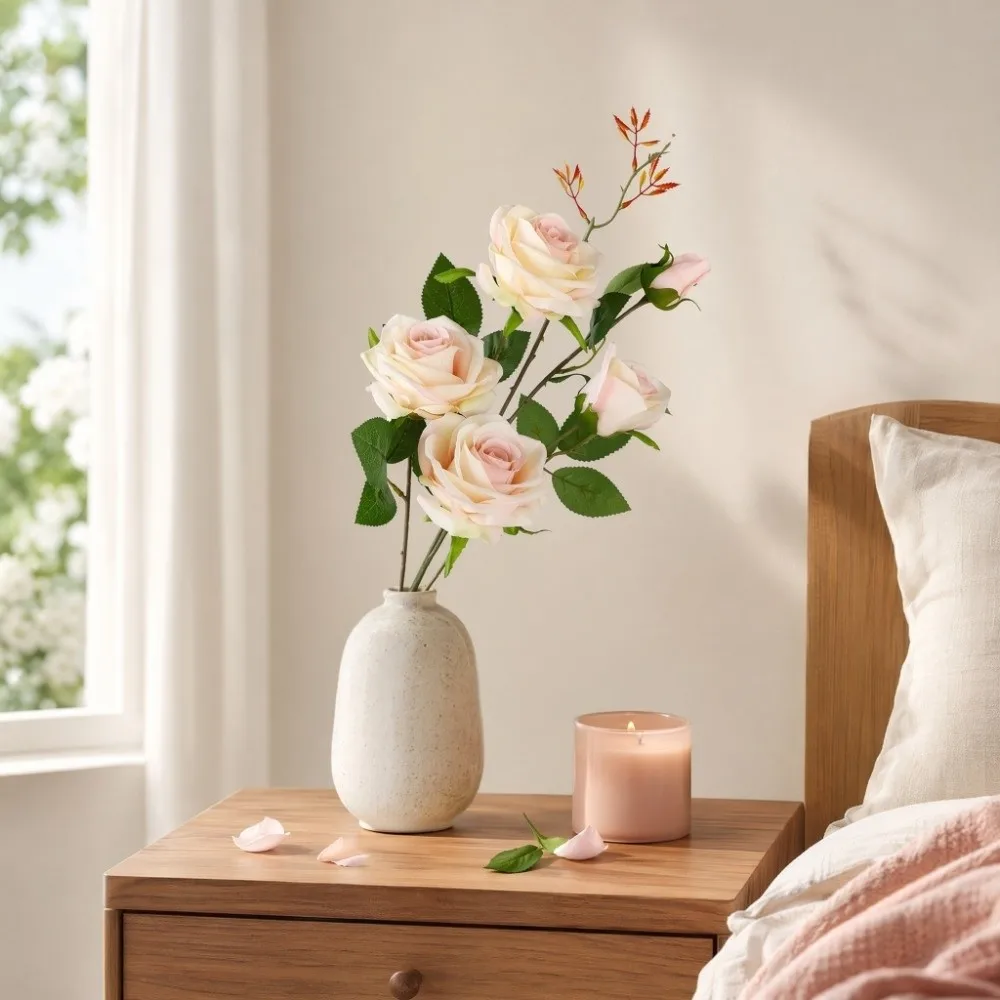 Real Touch Artificial Rose Flower Handmade Realistic Faux Rose Branch Artificial 5 Heads Fake Flower Home Living Room Decor
