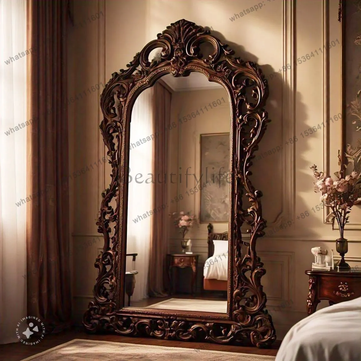 

American wabi sandy wind floor mirror villa light luxury carved home dressing mirror