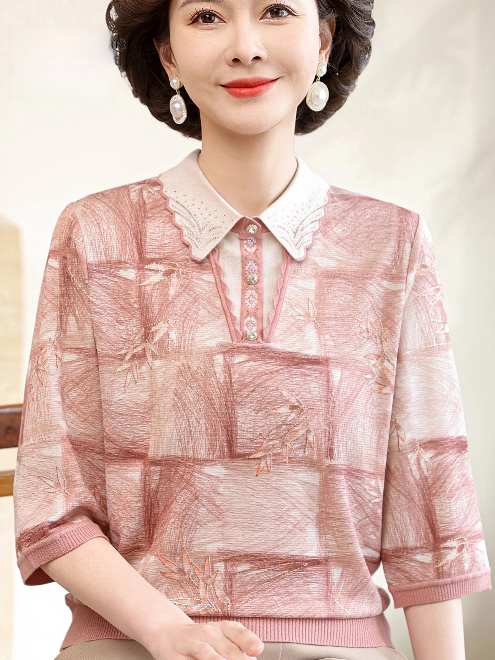 

Summer Thin Printed irt for Mom Flip-Collar Seven-Quarter Sve Loose Top Faionable Casual Wear for Middle-Aged And...