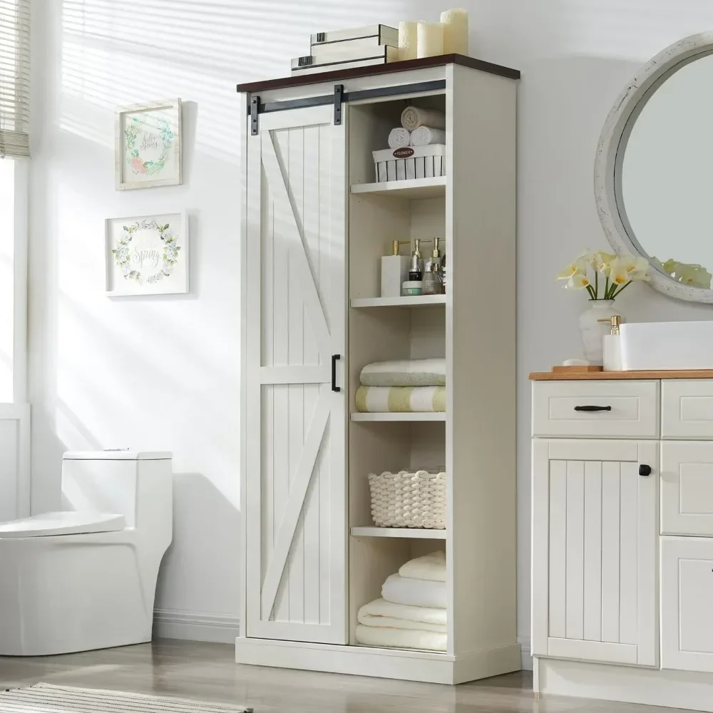 72 inch tall farmhouse storage cabinet, bathroom large multifunctional cabinet with sliding barn door and adjustable shelf