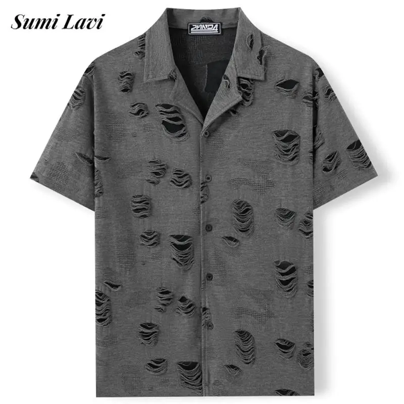 

Винтажные рваные мужские рубашки с вырезами, весна-лето, новые повседневные рубашки с отложным воротником на пуговицах, мужские кардиганы с короткими рукавами, топы