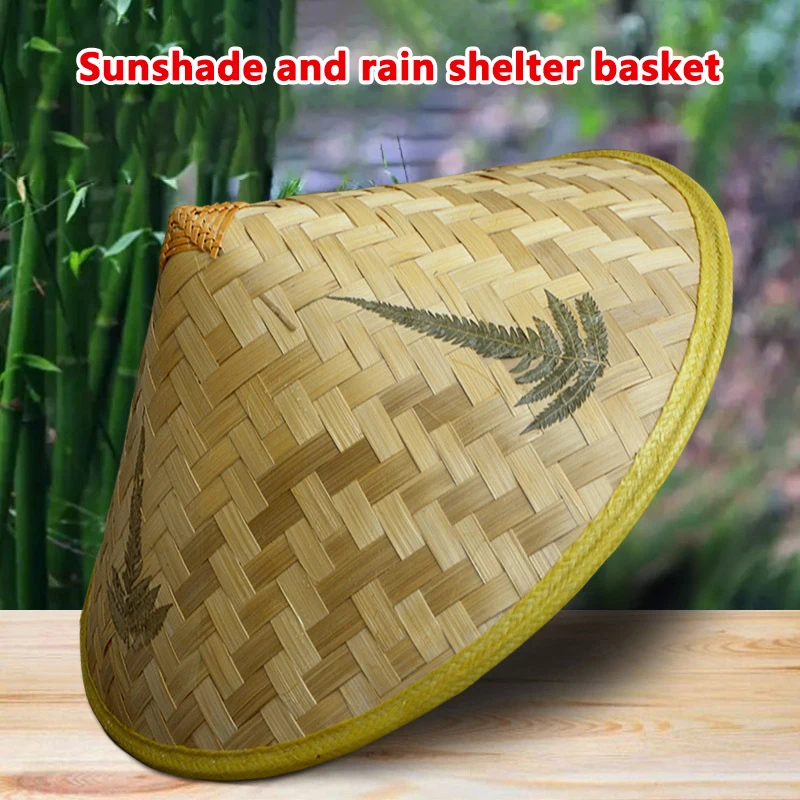 Sombrero de pescador de mimbre de bambú Retro chino, sombrero de cubo de paja tejido a mano, accesorios de baile de lluvia de Turismo, sombrero de sombrilla de pesca de cono, 1PC