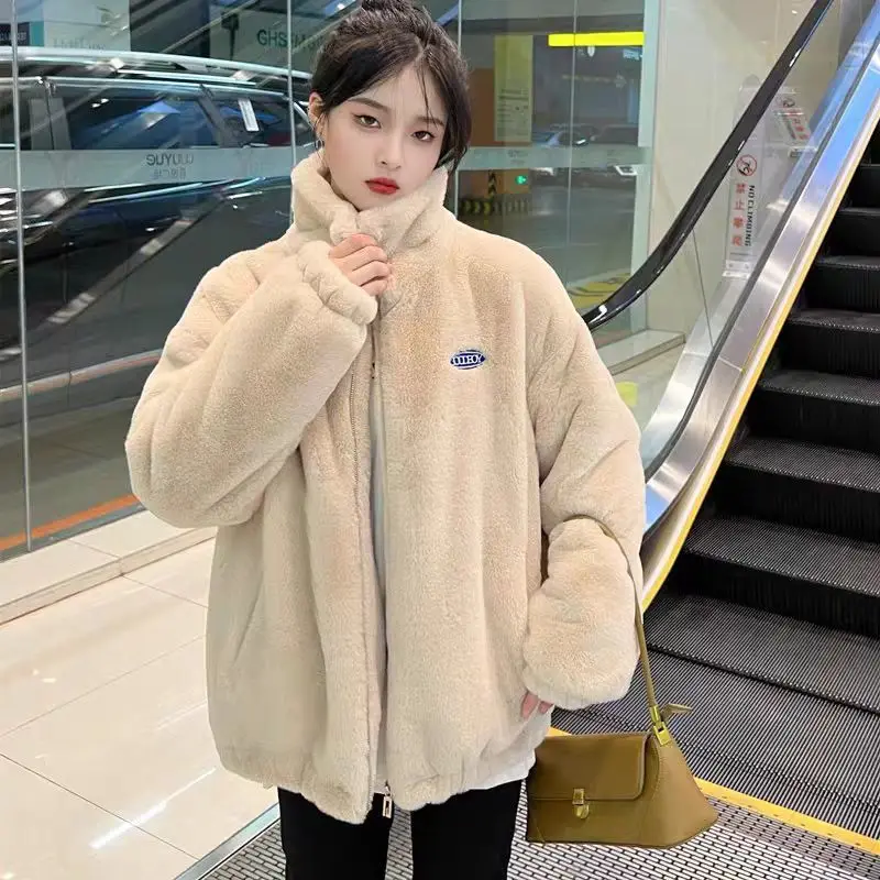 2025 New Loose-Fit Faux Rabbit Fur Collar Padded Winter Jacket – Thick, Plush, Cozy Women's Quilted Coat for Cold Weather