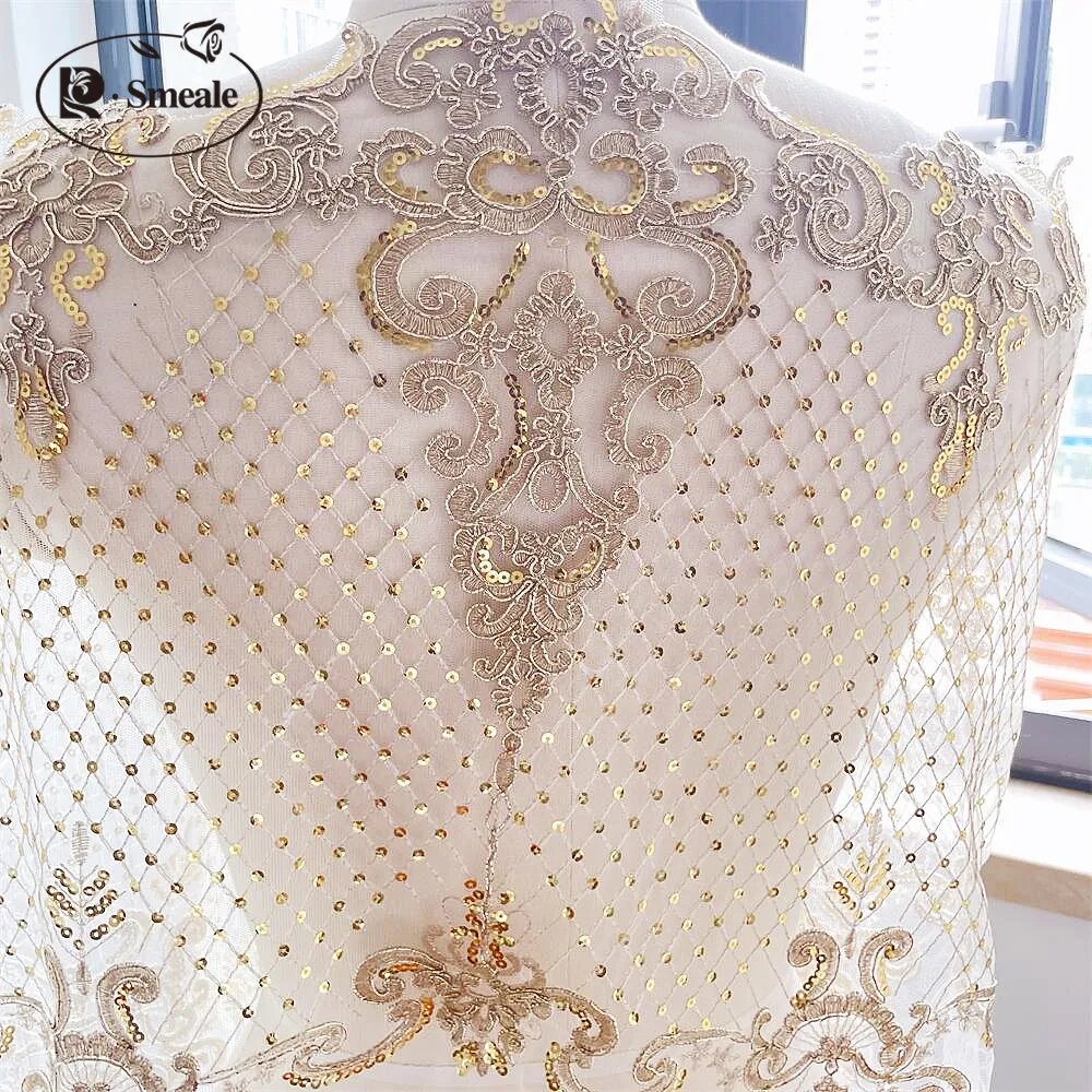 Tissu de décoration en dentelle faite à la main pour robe de mariée bricolage, broderie de paillettes Super High Car Sophia, matériel doré, RS2537