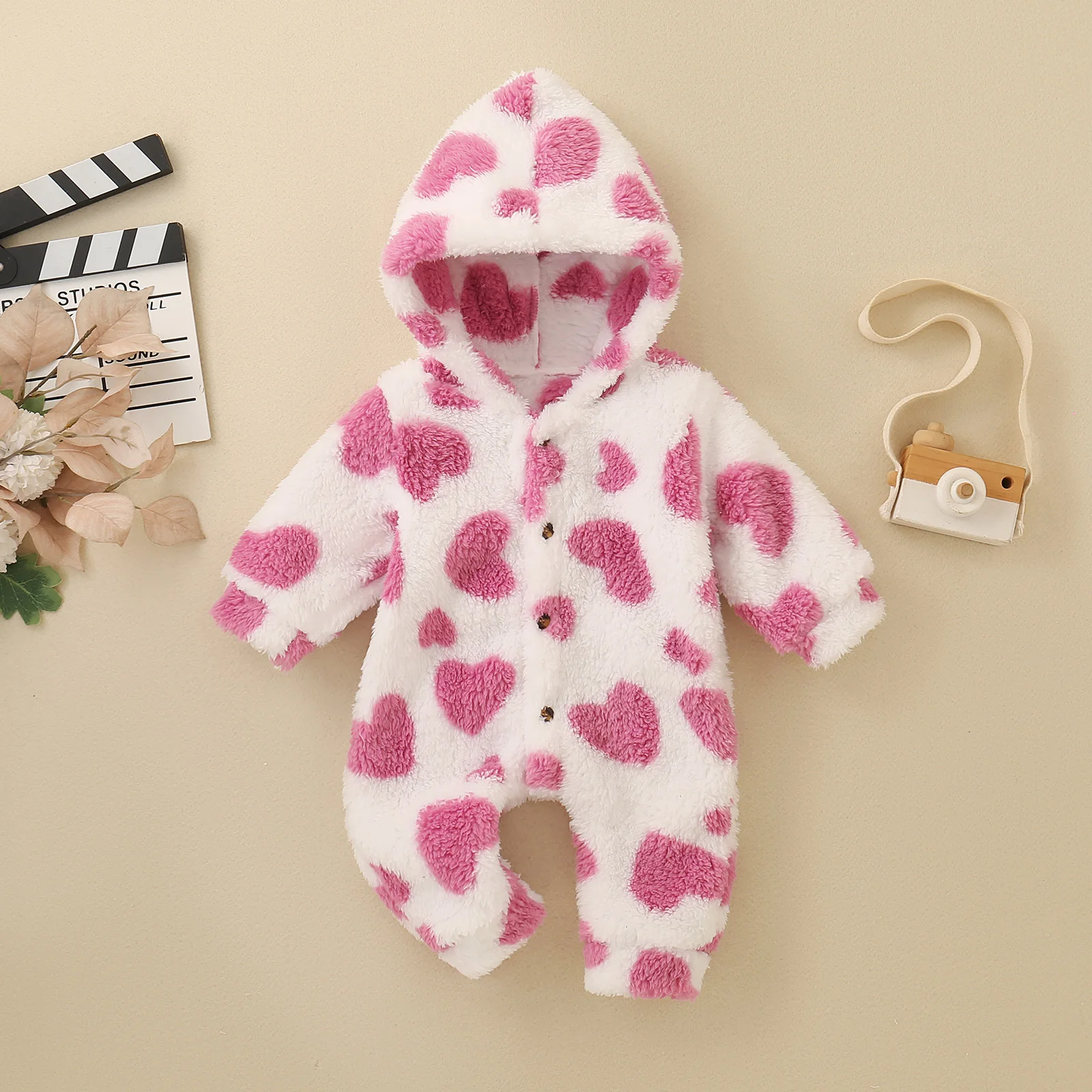 Newborn Baby Pink Heart Print Fleece Hooded Jumpsuit Toddler Warm Plush Long Sleeve Romper Infant Winter One Piece Outfit