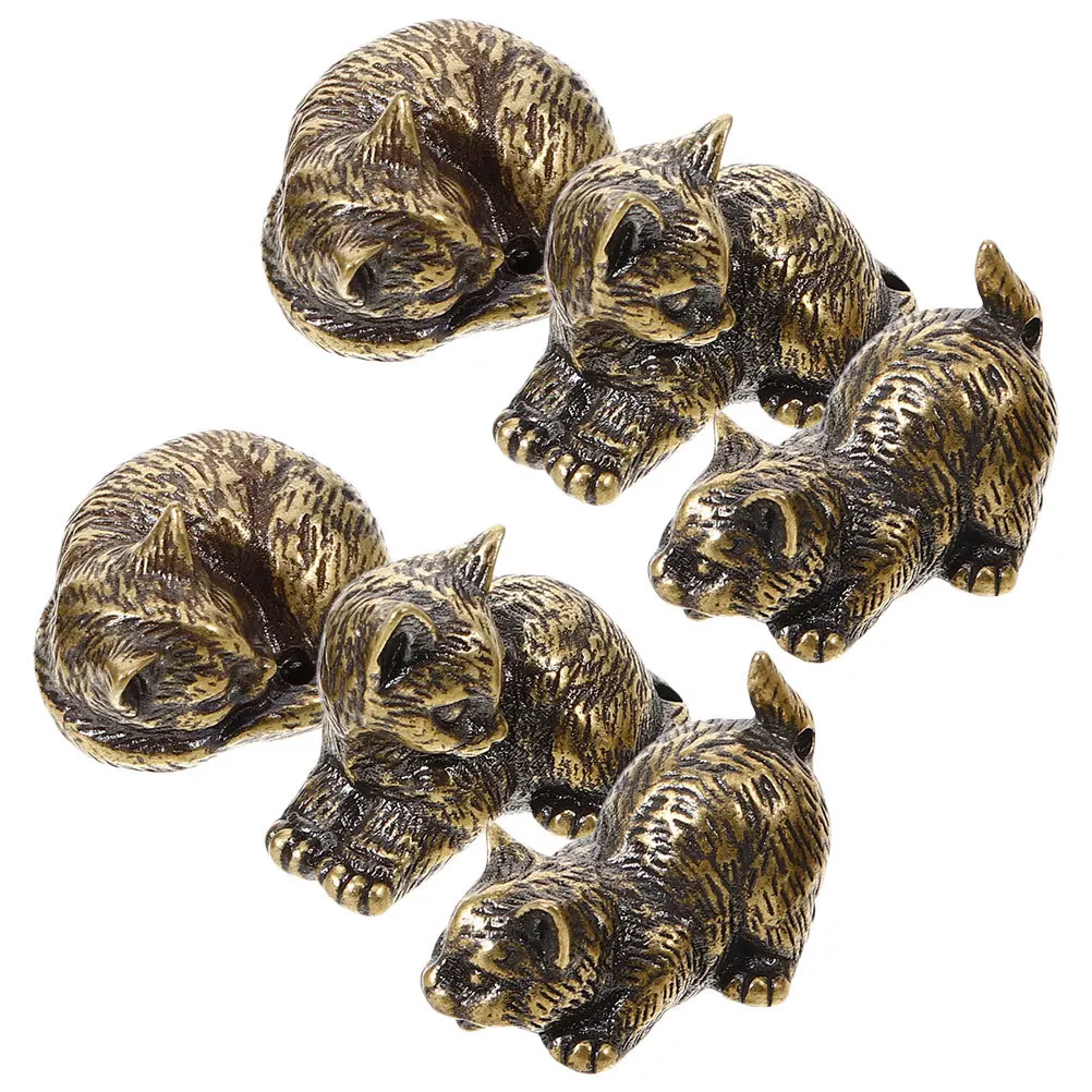 

6Pcs Vintage-Inspired Miniature Brass Cat Sculptures Retro Style Desktop Decoration Small Cat Statues Home Office Charm