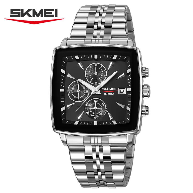 SKMEI 2434 Fashion Business Quartz Men's Watch Square Large Dial Waterproof Chronograph Calendar Steel Strip Date Men's Clock